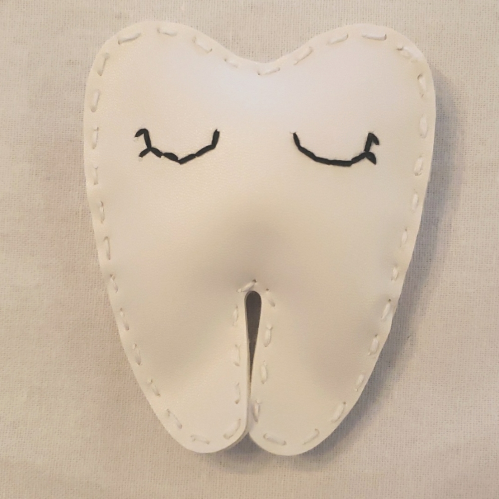 Tooth pouch with tooth fairy certificate. White with multicolor dino print back.